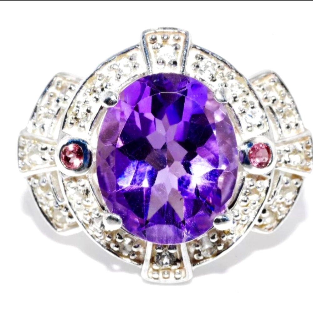 .925 SILVER 5.36CT NATURAL AMETHYST, WHITE TOPAZ & TOURMALINE COCKTAIL RING